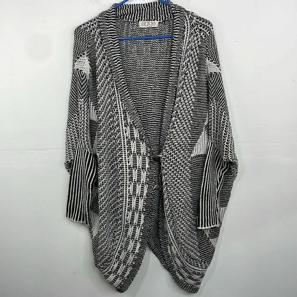 Pink Rose Black White Mixed Knit Open Front Cardigan Sweater Duster size Large